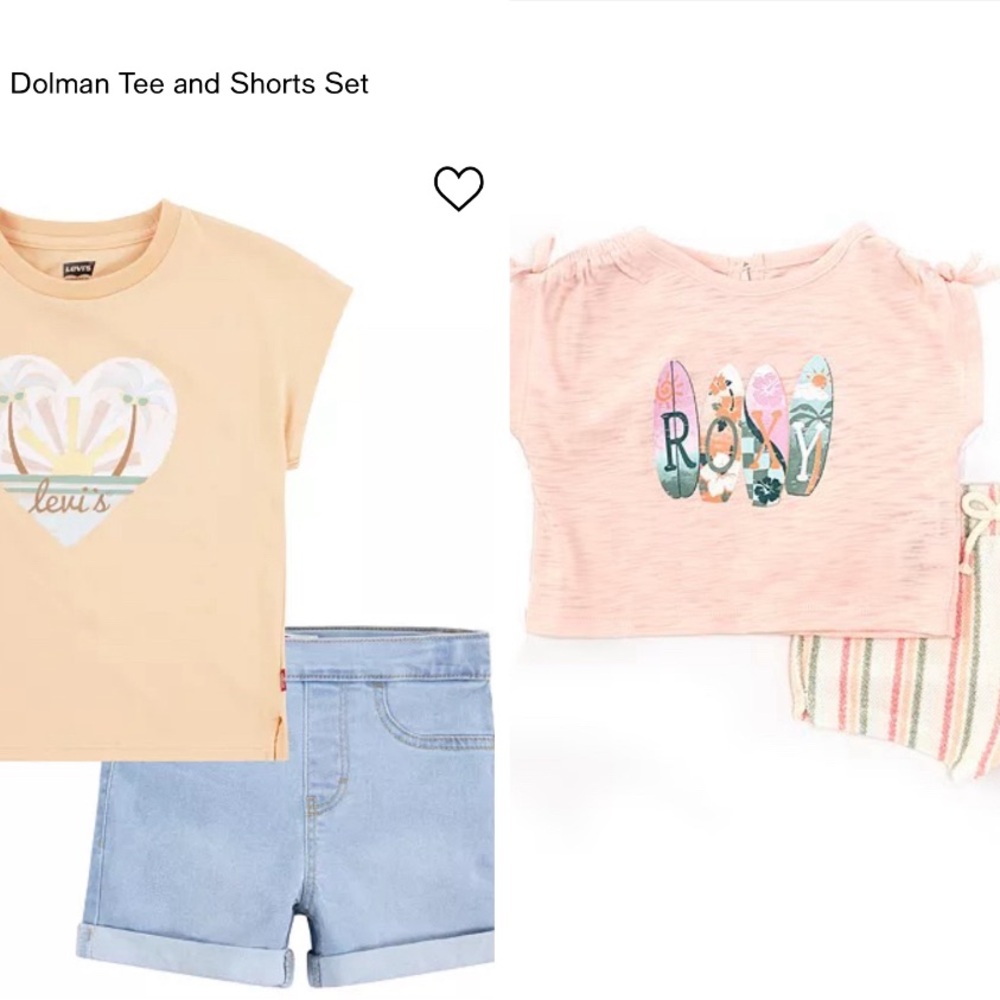 2 Girls summer outfits. Short sleeve shirts & shorts.Roxy, and Levi.18 months.